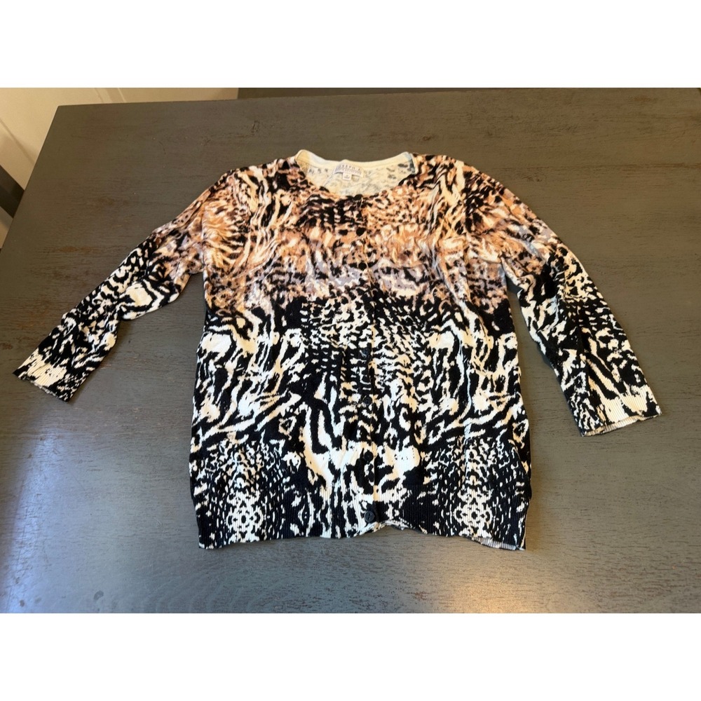 Joseph A. Mixed Animal Print Cardigan Tan Black White Crew Neck Size M